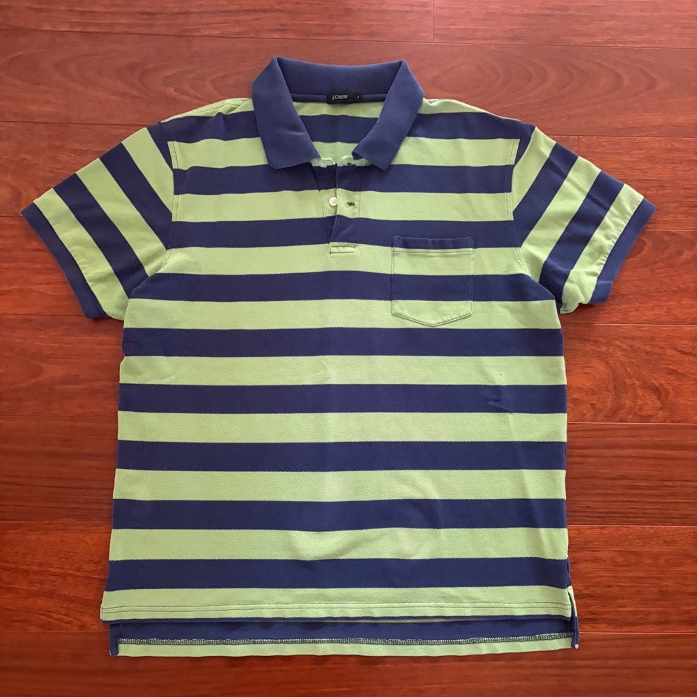 J.Crew Mens Polo Shirt Size L Navy Blue Lime Green Striped Short Sleeve Pocket